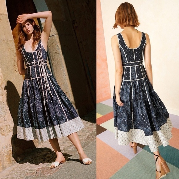 Ulla Johnson Keira Patchwork Silk Blend Midi Dress Blue White Size 0 NWT - Picture 1 of 12